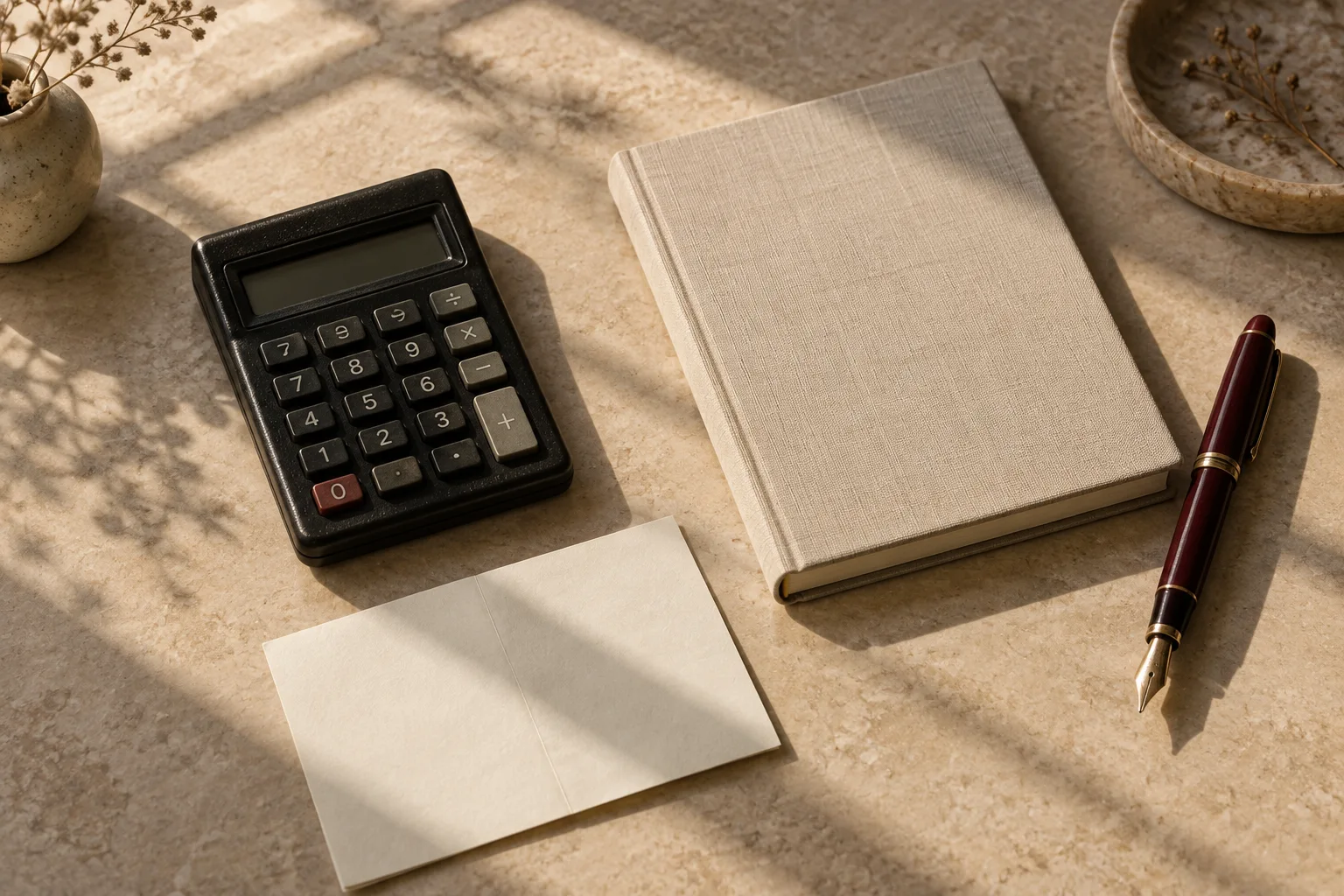 Calculator, cream notebook and burgundy pen on a stone desk