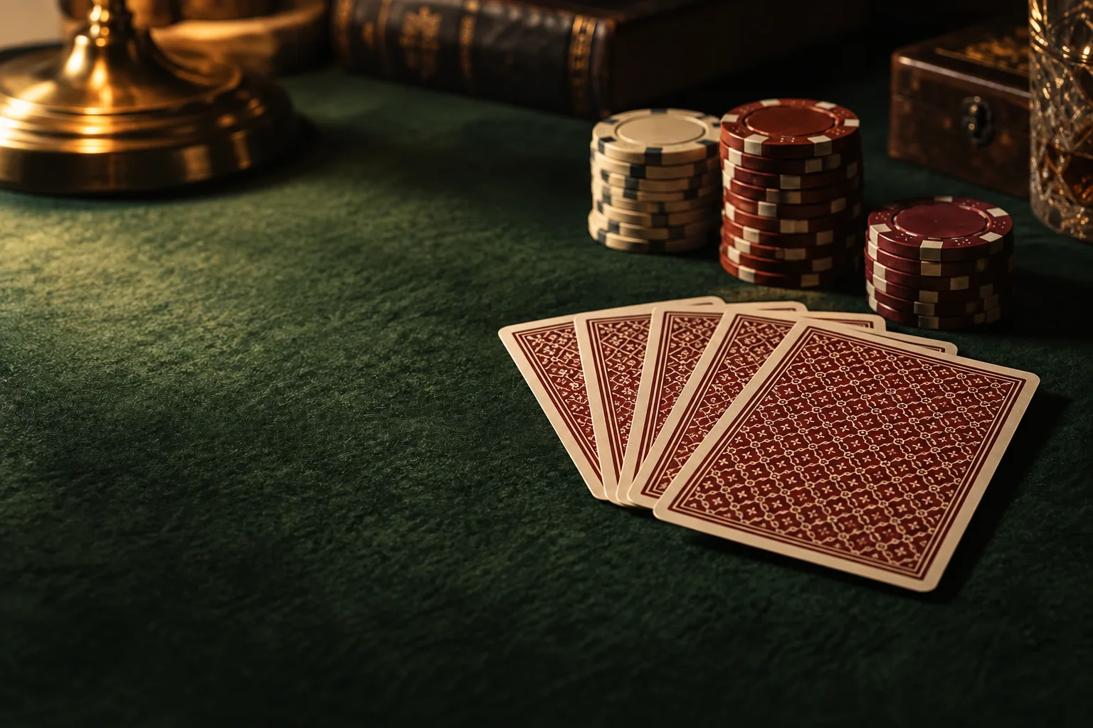 Playing cards and burgundy chips on a green felt table