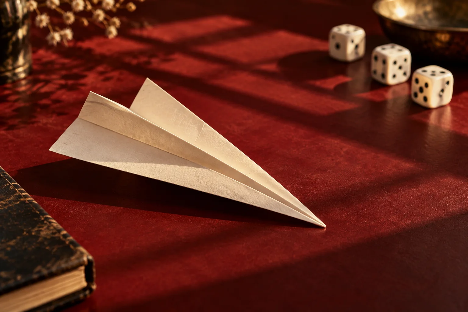 Ivory paper airplane on a burgundy tabletop