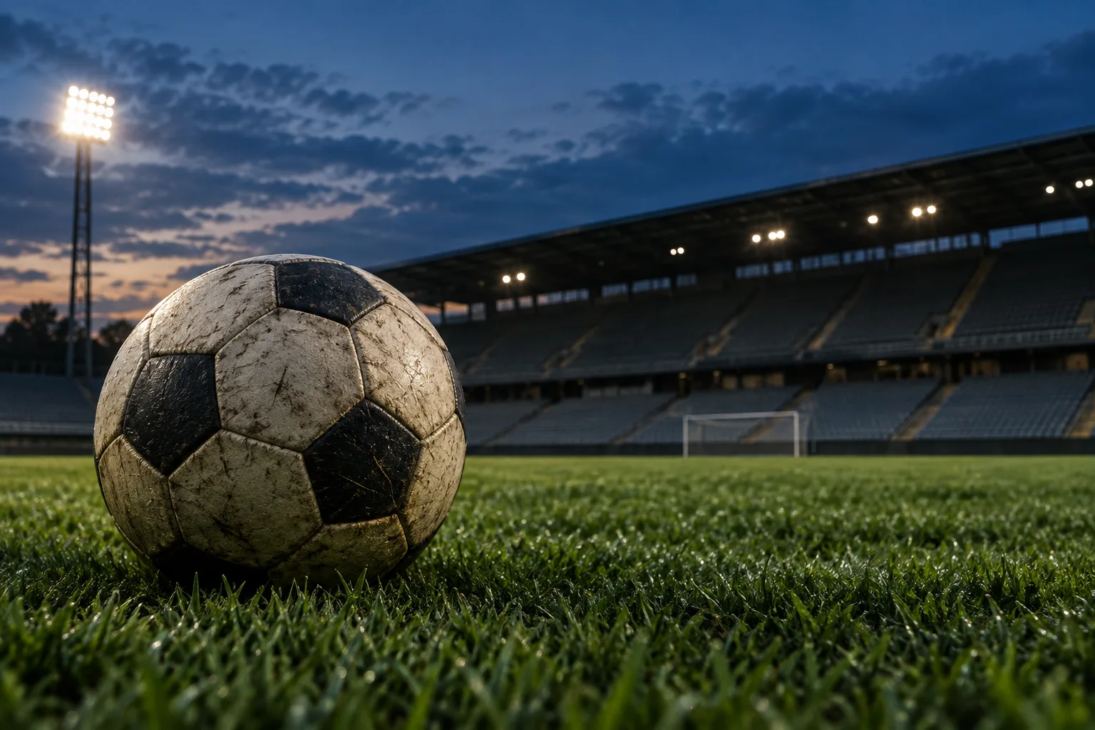 Football on a green pitch under evening stadium lights